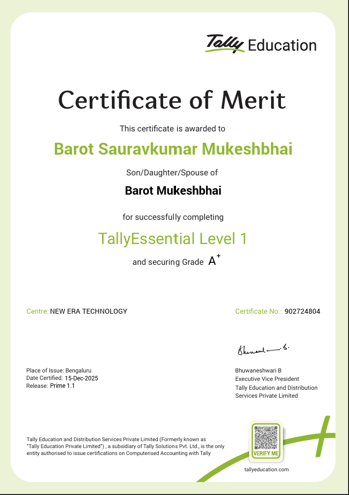 Barot Sauravkumar Mukeshbhai Official Tally Certificate