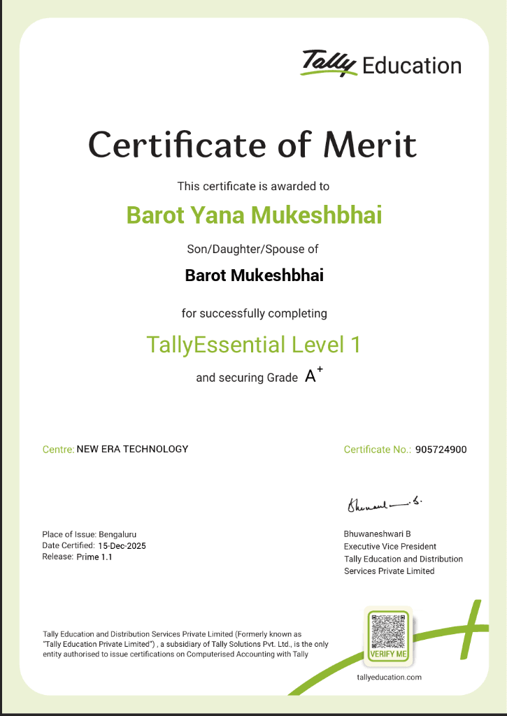 Barot Yana Mukeshbhai Official Tally Certificate