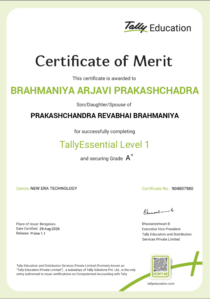 Brahmaniya Arjavi Prakashchandra Official Tally Certificate