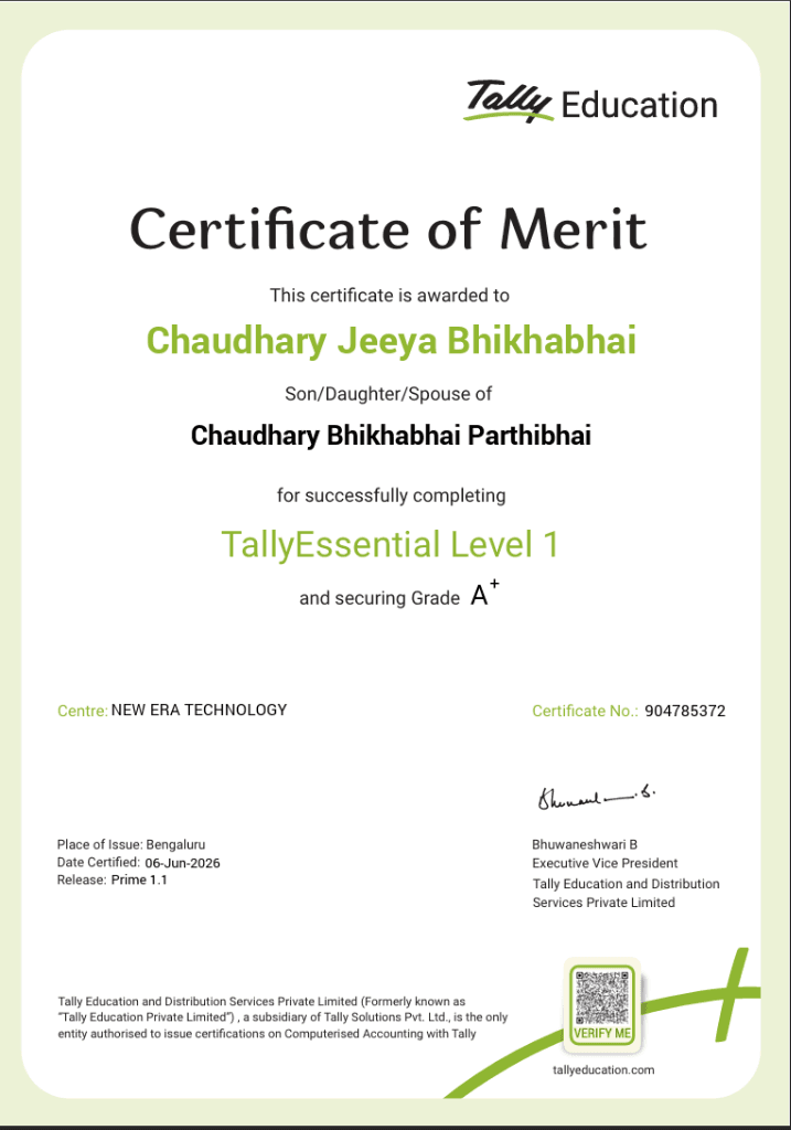 Chaudhary Jeeya Bhikhabhai Official Tally Certificate