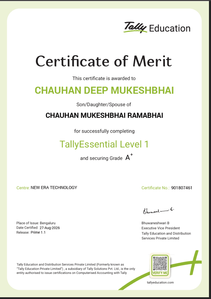 Chauhan Deep Mukeshbhai Official Tally Certificate