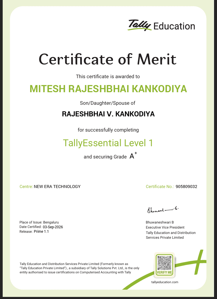 Mitesh Rajeshbhai Kankodiya Official Tally Certificate