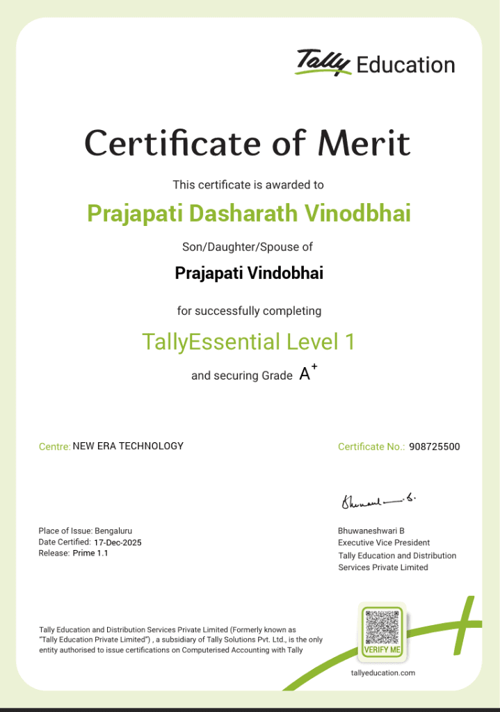 Prajapati Dasharath Vinodbhai Official Tally Certificate