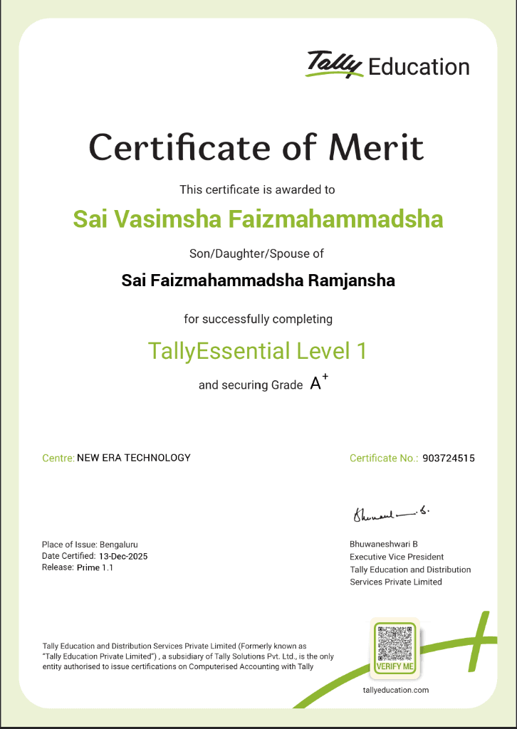 Sai Vasimsha Faizmahammadsha Official Tally Certificate