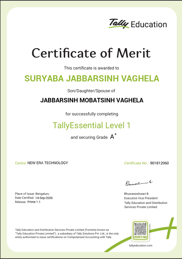 Suryaba Jabbarsinh Vaghela Official Tally Certificate