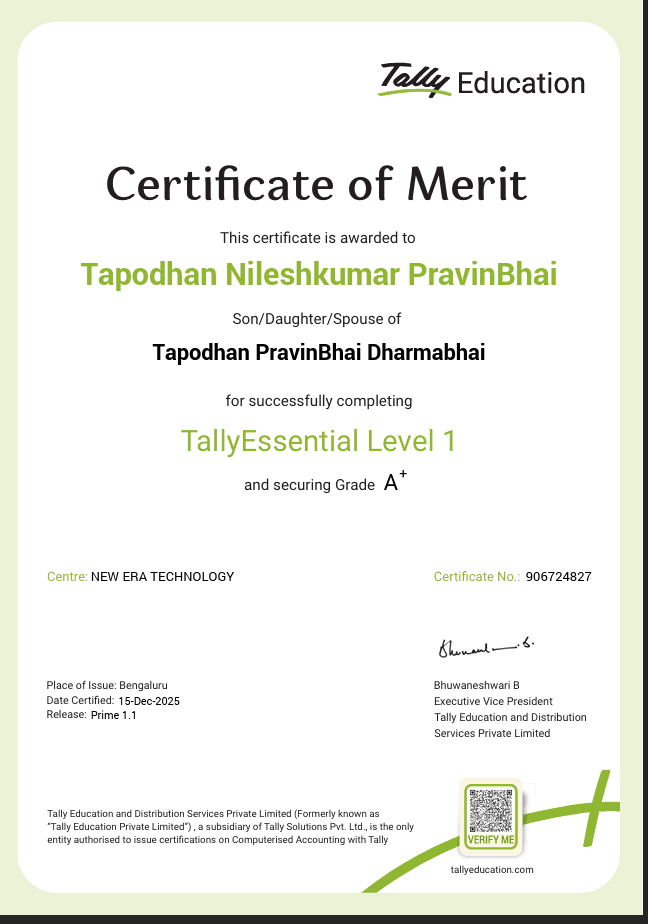 Tapodhan Nileshkumar Pravinbhai Official Tally Certificate