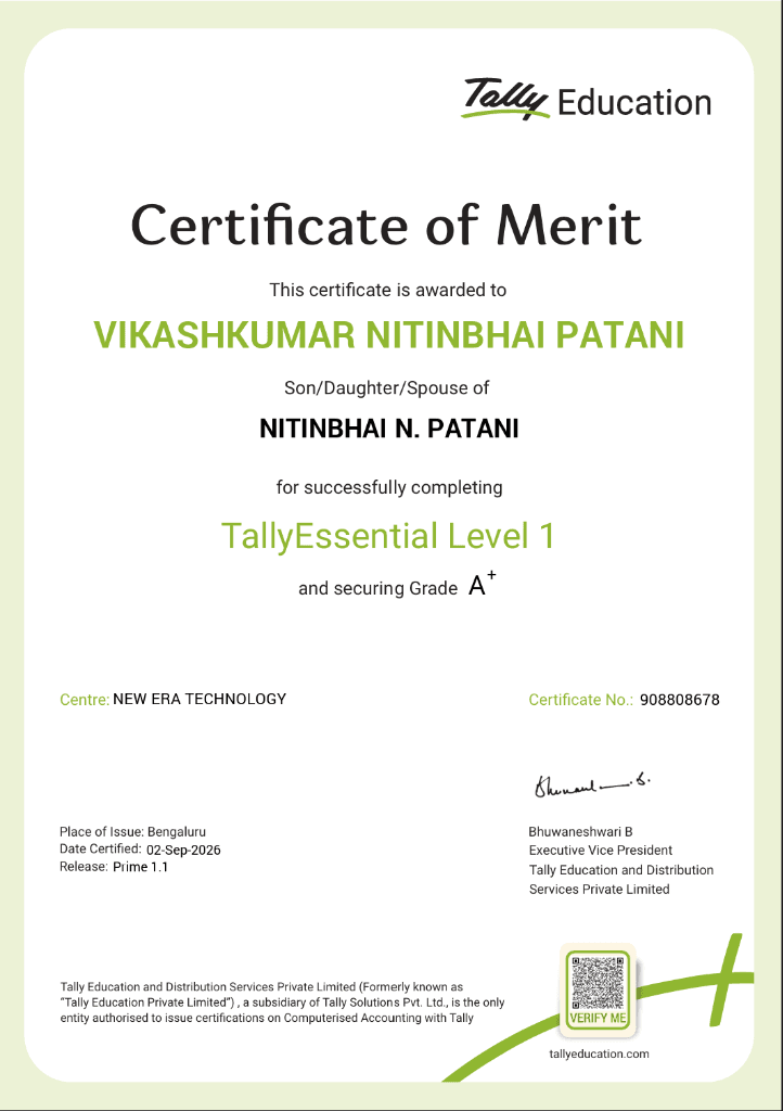 Vikashkumar Nitinbhai Patani Official Tally Certificate